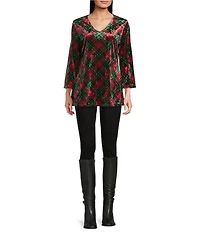 Calessa Petite Size Plaid Print V-Neck 3/4 Sleeve Velvet Knit Tunic