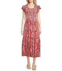 Calessa Petite Size Printed Scoop Neck Short Ruffle Sleeve Dress