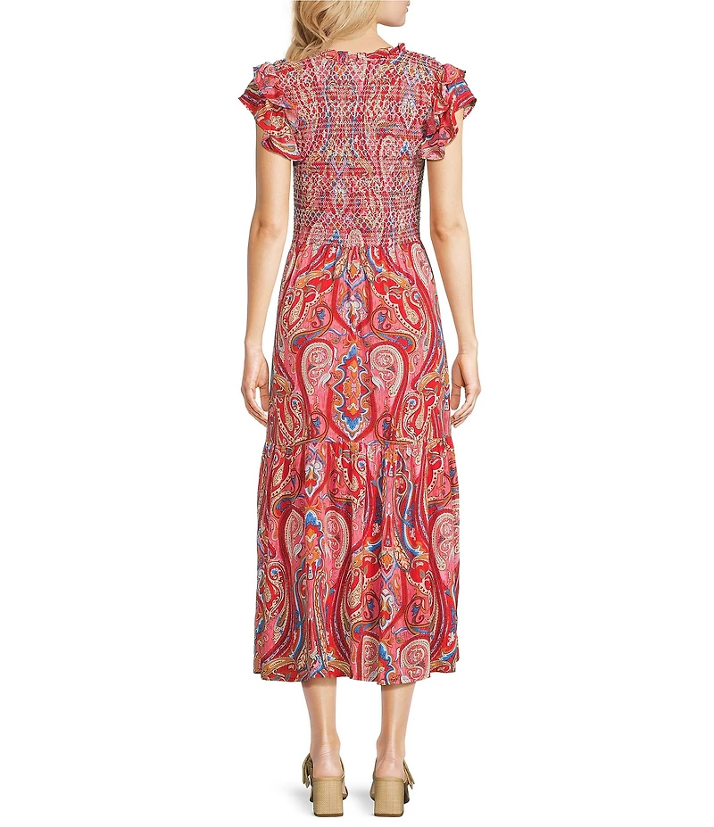 Calessa Petite Size Printed Scoop Neck Short Ruffle Sleeve Dress