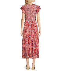 Calessa Petite Size Printed Scoop Neck Short Ruffle Sleeve Dress
