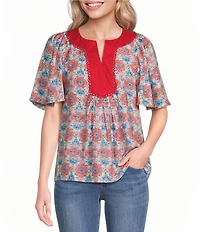 Calessa Petite Size Retro Mosaic Split Round Short Puff Sleeve Tunic