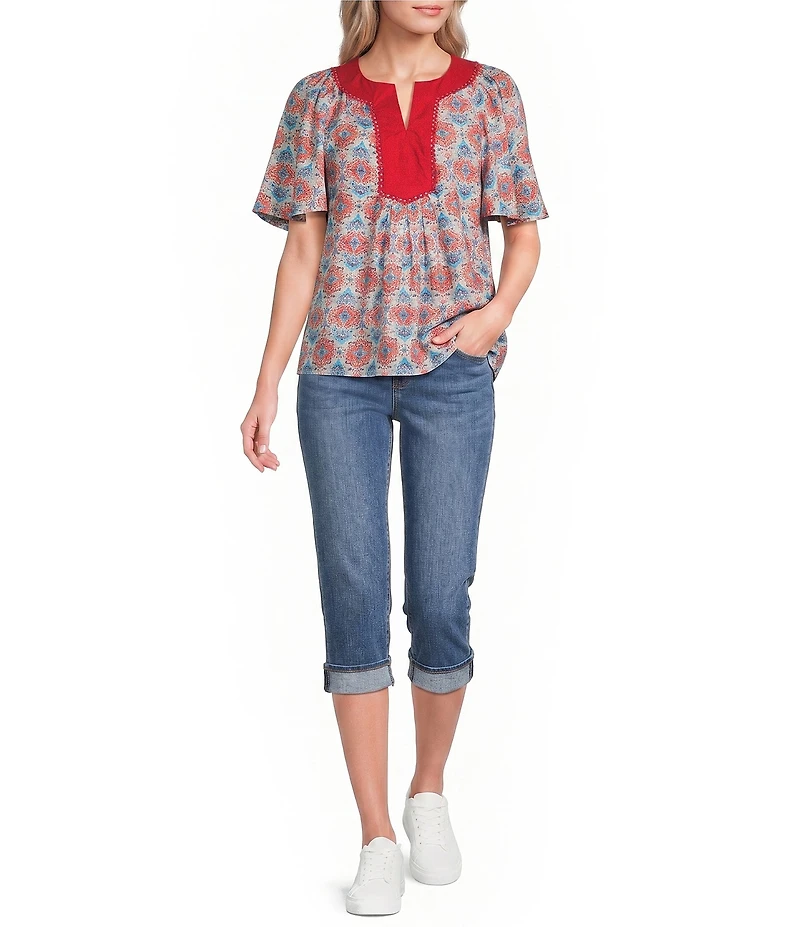 Calessa Petite Size Retro Mosaic Split V-Neck Short Puff Sleeve Tunic