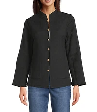 Calessa Petite Size Reversible Quilted Animal Printed Band Collar Long Sleeve Shirt Jacket