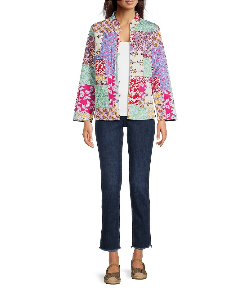 Calessa Petite Size Reversible Quilted Spring Patchwork Band Collar Long Sleeve Shirt Jacket