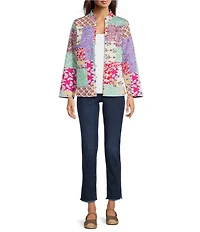 Calessa Petite Size Reversible Quilted Spring Patchwork Band Collar Long Sleeve Shirt Jacket