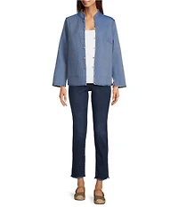 Calessa Petite Size Reversible Quilted Spring Patchwork Band Collar Long Sleeve Shirt Jacket