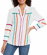 Calessa Petite Size Rik Rak Tape Detail Split V-Neck 3/4 Sleeve Button Front Tunic