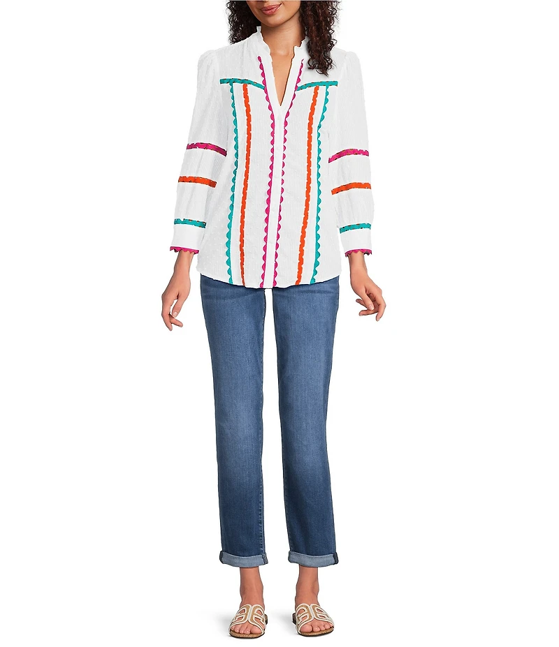 Calessa Petite Size Rik Rak Tape Detail Split V-Neck 3/4 Sleeve Button Front Tunic