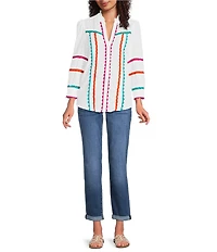 Calessa Petite Size Rik Rak Tape Detail Split V-Neck 3/4 Sleeve Button Front Tunic