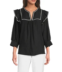 Calessa Petite Size Round Split V-Neck 3/4 Ruffle Sleeve Cross Stitch Trim Tunic