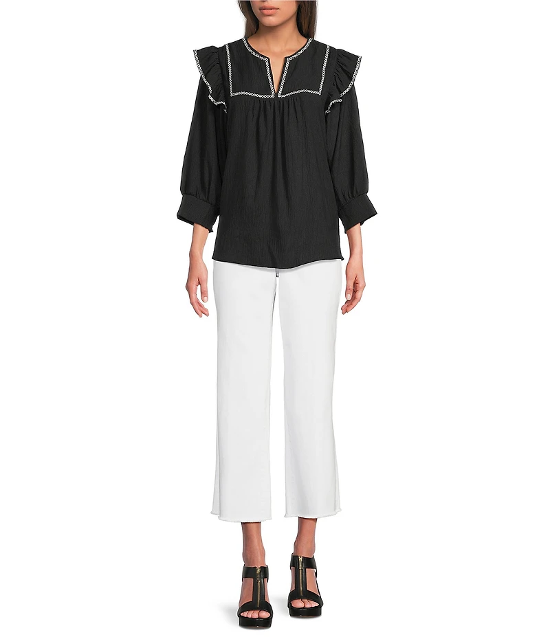 Calessa Petite Size Round Split V-Neck 3/4 Ruffle Sleeve Cross Stitch Trim Tunic