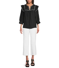 Calessa Petite Size Round Split V-Neck 3/4 Ruffle Sleeve Cross Stitch Trim Tunic