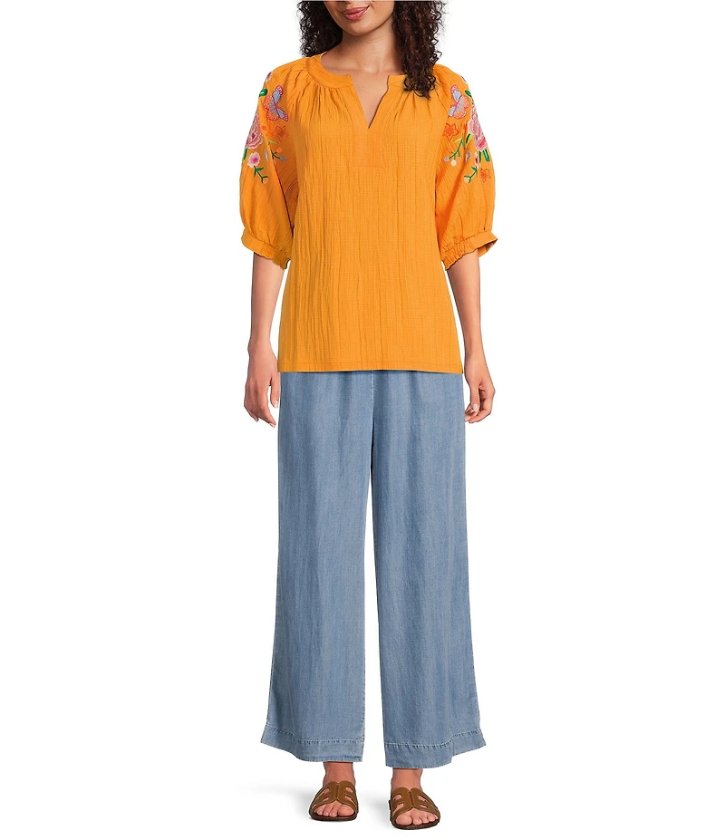 Calessa Petite Size Smocked Waist Wide Leg Crop Pants