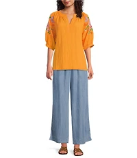 Calessa Petite Size Smocked Waist Wide Leg Crop Pants