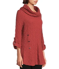 Calessa Petite Size Solid Textured Cowl Neck Roll-Tab Sleeve Tunic