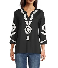 Calessa Petite Size Soutache Embroidered Split V-Neck 3/4 Sleeve Tunic
