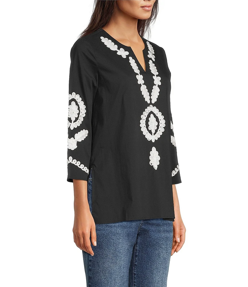 Calessa Petite Size Soutache Embroidered Split V-Neck 3/4 Sleeve Tunic