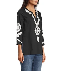 Calessa Petite Size Soutache Embroidered Split V-Neck 3/4 Sleeve Tunic