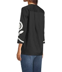 Calessa Petite Size Soutache Embroidered Split V-Neck 3/4 Sleeve Tunic