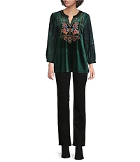 Calessa Split V-Neck 3/4 Sleeve Embroidered Floral Velvet Knit Tunic