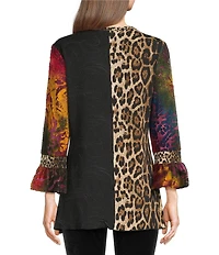 Calessa Petite Size Split V-Neck 3/4 Sleeve Embroidered Patchwork Tunic