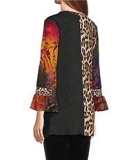 Calessa Petite Size Split V-Neck 3/4 Sleeve Embroidered Patchwork Tunic
