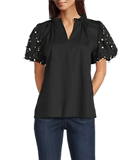 Calessa Petite Size Split V-Neck Beaded Short Sleeve Tunic