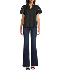 Calessa Petite Size Split V-Neck Beaded Short Sleeve Tunic