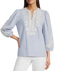 Calessa Petite Size Split V-Neck Embroidered 3/4 Balloon Sleeve Tunic