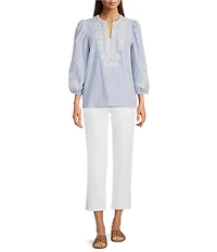 Calessa Petite Size Split V-Neck Embroidered 3/4 Balloon Sleeve Tunic