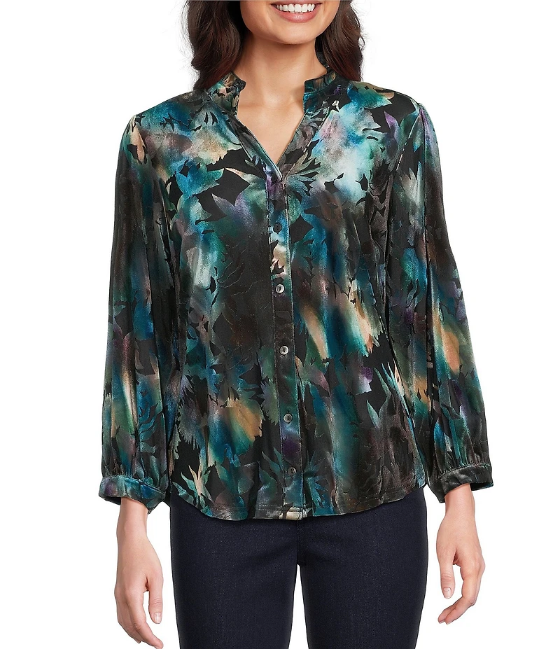 Calessa Petite Size Floral Burnout Velvet Knit Split V-Neck Bracelet Sleeve Button Front Tunic