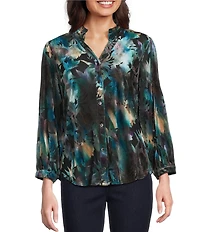 Calessa Petite Size Floral Burnout Velvet Knit Split V-Neck Bracelet Sleeve Button Front Tunic