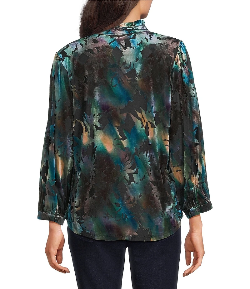 Calessa Petite Size Floral Burnout Velvet Knit Split V-Neck Bracelet Sleeve Button Front Tunic