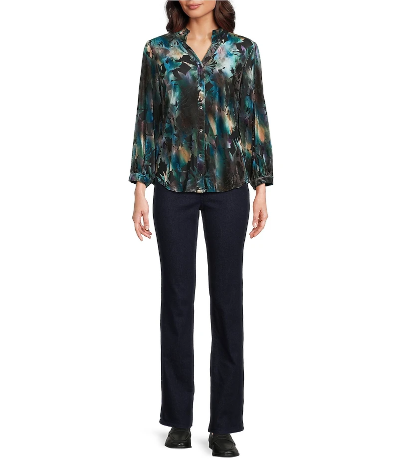 Calessa Petite Size Floral Burnout Velvet Knit Split V-Neck Bracelet Sleeve Button Front Tunic