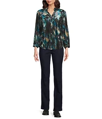 Calessa Petite Size Floral Burnout Velvet Knit Split V-Neck Bracelet Sleeve Button Front Tunic