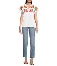 Calessa Petite Size Split V-Neck Short Sleeve Embroidered Crinkle Top