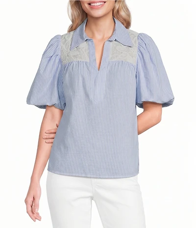 Calessa Petite Size Stripe Collared Elbow Balloon Sleeve Lace Detail Blouse