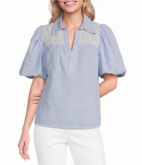 Calessa Petite Size Stripe Collared Elbow Balloon Sleeve Lace Detail Blouse