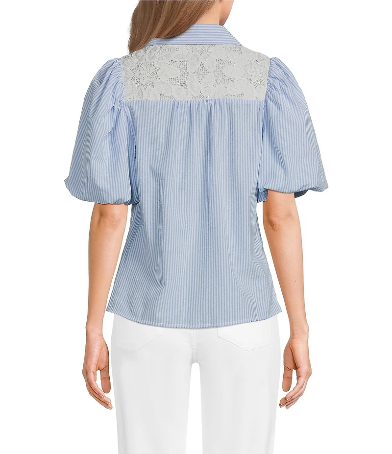 Calessa Petite Size Stripe Collared Elbow Balloon Sleeve Lace Detail Blouse