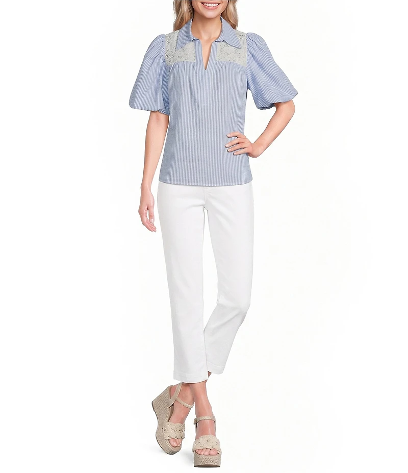 Calessa Petite Size Stripe Collared Elbow Balloon Sleeve Lace Detail Blouse