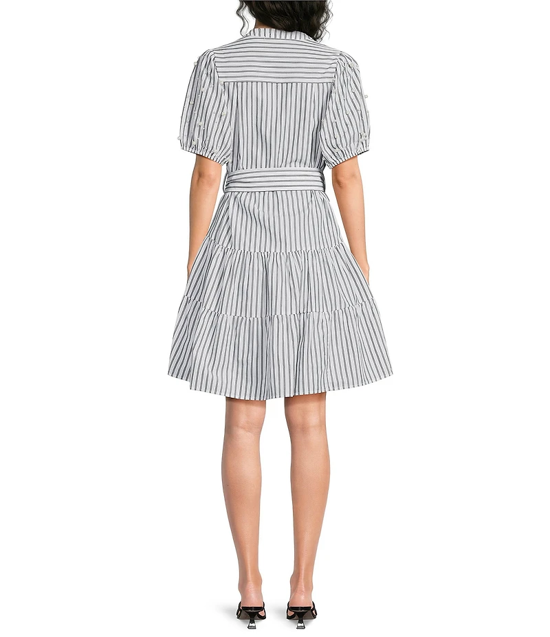 Calessa Petite Size Stripe Tiered Belted Beaded Short Balloon Sleeve Dress