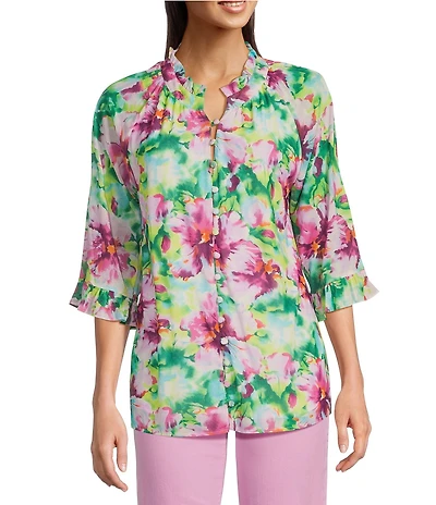 Calessa Petite Size Summer Floral V-Neck Banded Collar Elbow Sleeve Top