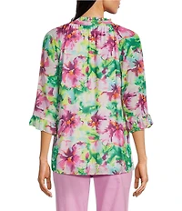 Calessa Petite Size Summer Floral V-Neck Banded Collar Elbow Sleeve Top