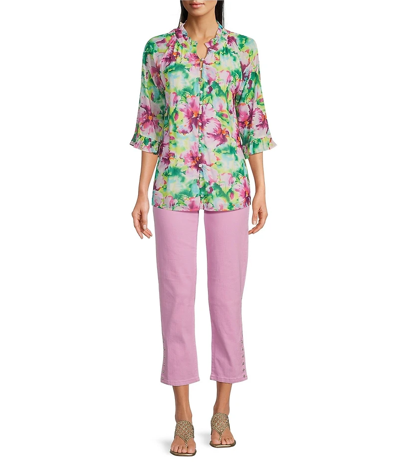 Calessa Petite Size Summer Floral V-Neck Banded Collar Elbow Sleeve Top