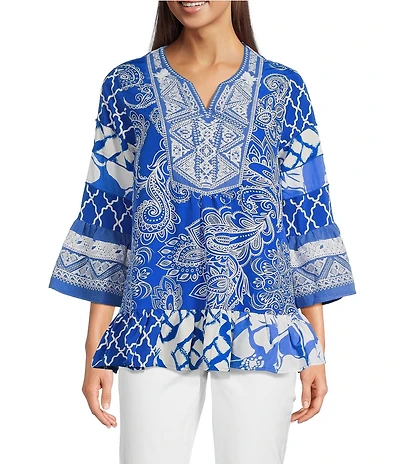 Calessa Petite Size Summer Paisley Split V-Neck Embroidered Tunic