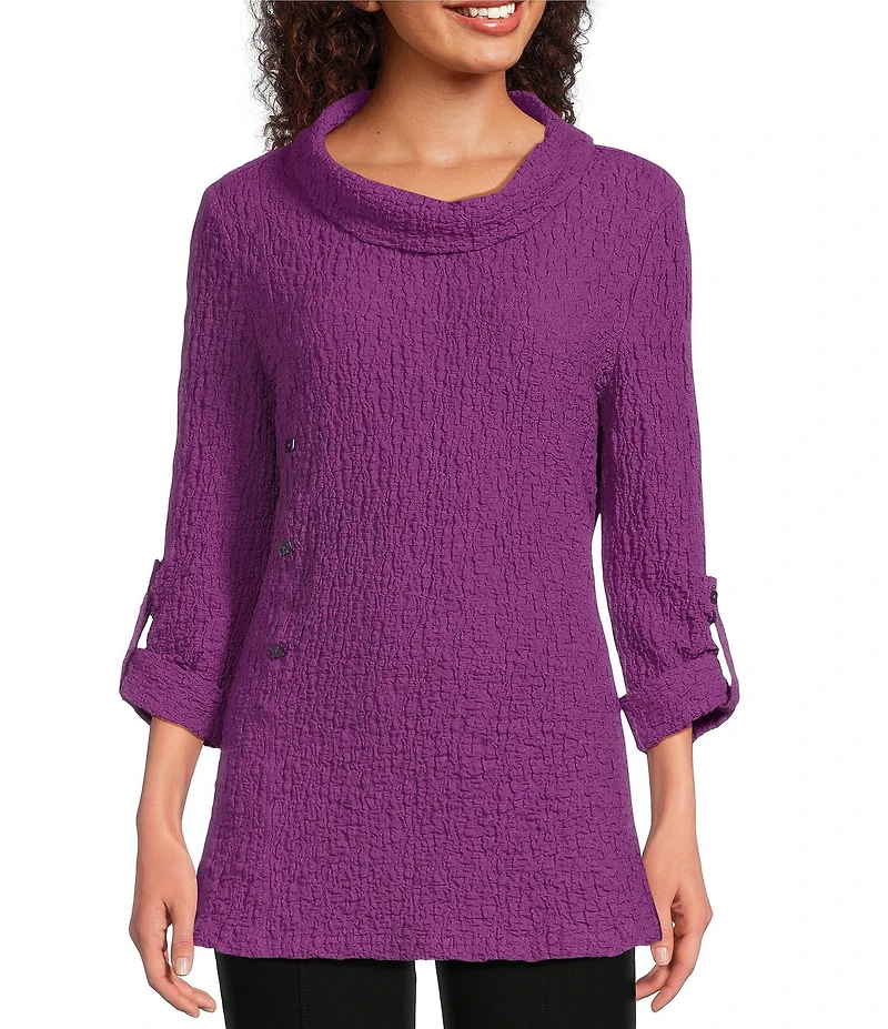 Calessa Petite Size Textured Bubble Knit Cowl Neck 3/4 Sleeve Tunic