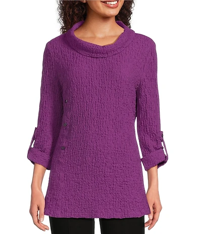 Calessa Petite Size Textured Bubble Knit Cowl Neck 3/4 Sleeve Tunic