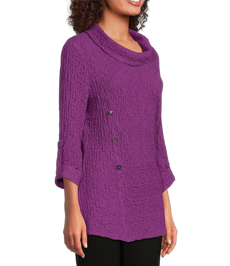 Calessa Petite Size Textured Bubble Knit Cowl Neck 3/4 Sleeve Tunic