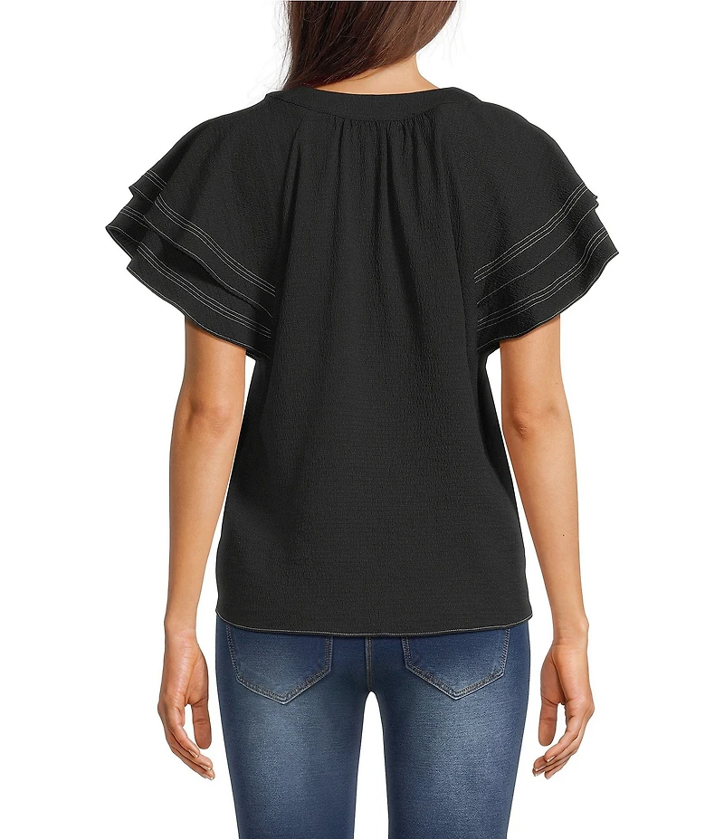 Calessa Petite Size Textured Crepe V-Neck Ruffle Short Sleeve Button Front Top