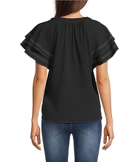 Calessa Petite Size Textured Crepe V-Neck Ruffle Short Sleeve Button Front Top